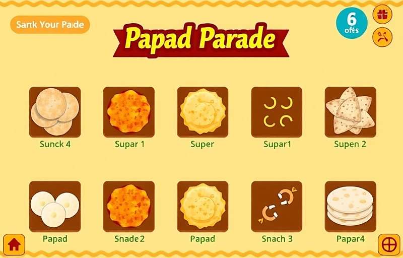 Papad Parade Main Gameplay Screen Papad Parade gameplay showing various Indian snacks and papad preparation